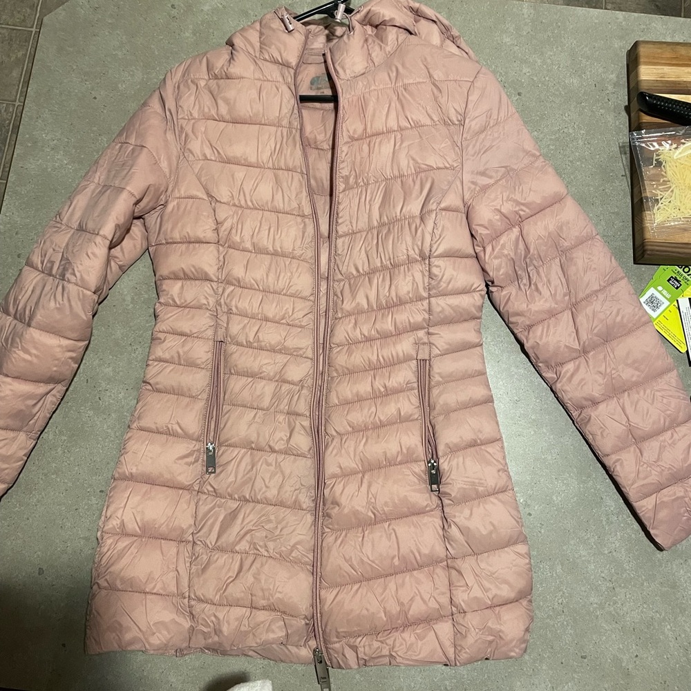Pink hip length puffy jacket